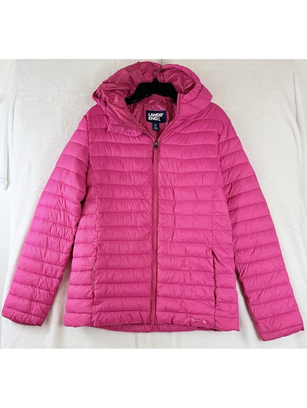 Lands End Girls Jacket XL Puffer Coat Pink Hooded Full Zip